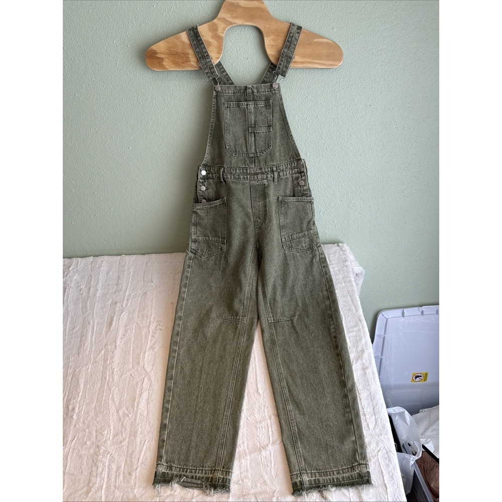 Olive Green Women's Denim Overalls Prairie, Oversized, Western, Festival, XS